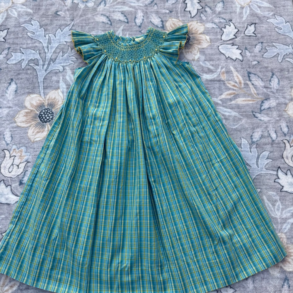 Le Za Me Smocked Dress Kids Size 4 Teal Green Plaid Bishop Easter EXCELLENT‎ 💕